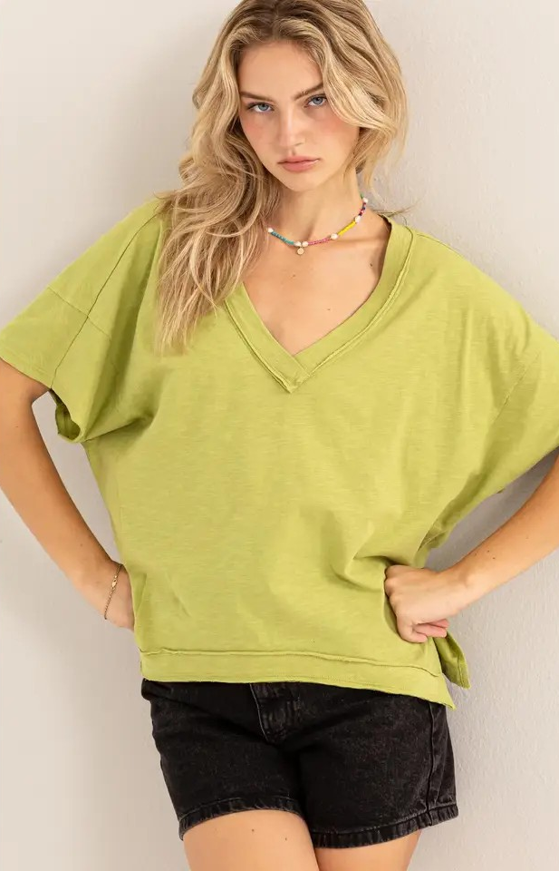 Raw Edge V-Neck Oversized T-Shirt - Pale Olive